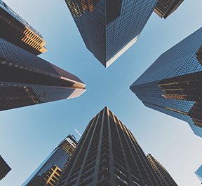 Looking up at Dallas sky-scrappers from the street. 
