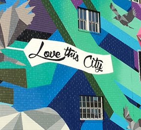 "Love this city Denver" mural in Denver Colorado.