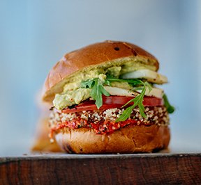 Towering, artisan hamburger.